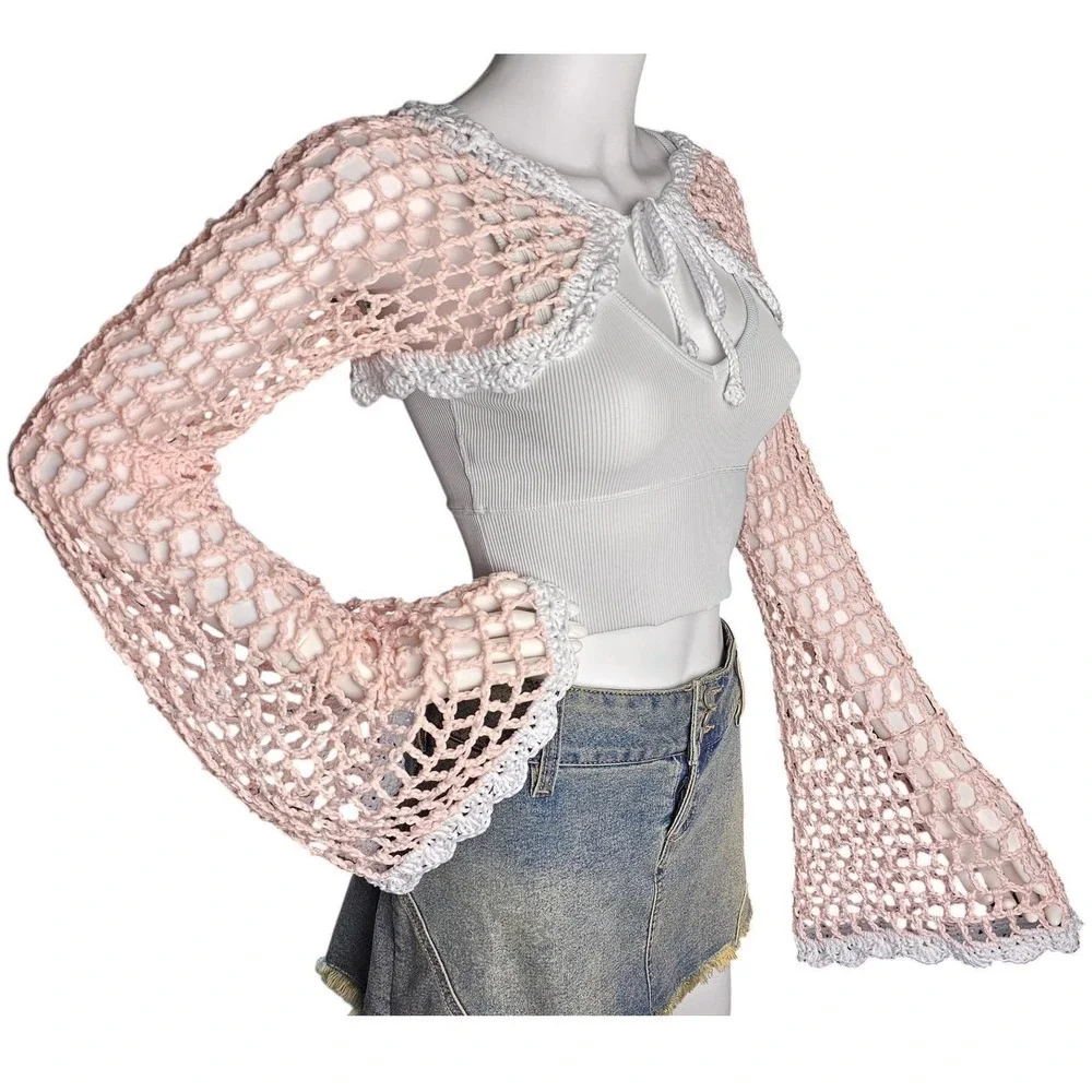 Handmade‎ Crochet Bell Sleeve Front Tie Summer Cardigan, Festival Bohemian Shrug